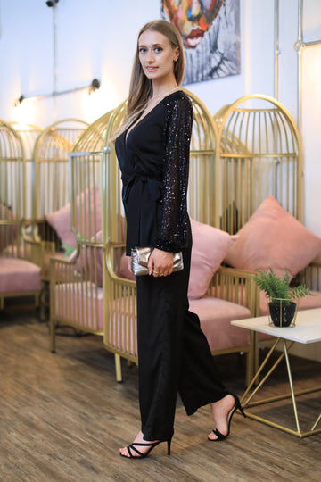 Black Jumpsuit with Sequin Sleeves Double Second